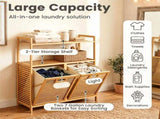 32 Inch Double Compartment Bamboo Laundry Organizer Freestanding Cabinet, Raised Guardrail Top Shelf 52897396
