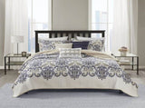 6 Piece Reversible Quilt Set with Throw Pillows Navy/Tan Full/Queen B03597400