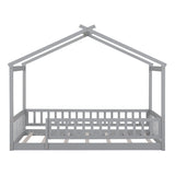 Twin Size Wood Bed House Bed Frame with Fence, for Kids, Teens, Girls, Boys, Gray WF302176AAE