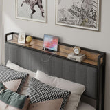 Full Size Bed Frame with Charging Station, Upholstered Headboard, Metal Platform, Grey W1960131344