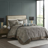 5 Piece Jacquard Bedspread Set with Throw Pillows Blue/Brown King B03597490