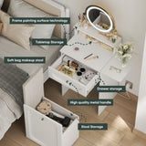 White Makeup Vanity Desk with Round Mirror and Lights, 2 in 1 Nightstand, Dressing Table with a W1706P236679