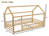 Twin Size Floor Wooden Bed with House Roof Frame, Fence Guardrails,Natural W1858P389939