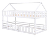 Twin over Twin House Bunk Bed with Fence and Door, White WF313047AAK