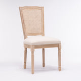 French Style Solid Wood Frame Linen Fabric Square Rattan Back Dining Chair,Set of 2,Cream W162290982