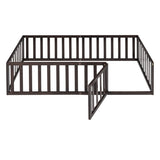 Twin Size Wood Floor Bed Frame with Fence and Door, Walnut WF299299AAL