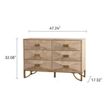 47.24" Light Wood 6-Drawer Dresser - Geometric Relief Chest of Drawers with Gold Metal Legs, Modern W3158P307447