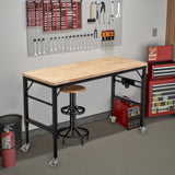 60" Adjustable Workbench for Garage, Rubber Wood Heavy Duty Workstation with Power Outlets & Wheels, W1422P218520