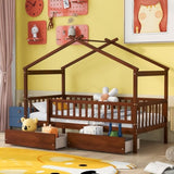 Twin Size Wooden House Bed with Two Drawers, Walnut WF302181AAL