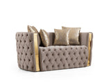 Button Tufted Loveseat with Velvet Fabric and Gold Accent in Taupe B00961116