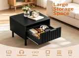 Black Fluted Drawer Nightstand Set of 2, Engineered Wood Metal Side End Table with Adjustable Foot 06148893