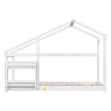 Twin Size Wooden House Bed, Twin Floor Wooden Bed with Shelf, No Box Spring , White Color, TWIN BED W69782586