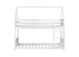 Twin Over Twin House Floor Bed with Headboards, Footboards and Guardrails, Ladder, Rubber Wood W504P227938