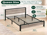 Queen Size Metal Wood Platform Bed Frame, 3-Panel Wash Grey Wood Grain Headboard with LED Light & 15630263