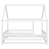 ZNTS Full Size Floor Wooden Bed with House Roof Frame, Fence Guardrails ,White W1791P148196