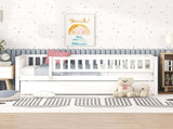 Twin Size Wood Daybed with Trundle and Fence Guardrails, White WF301862AAK