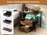 2pcs Nightstand with LED Lights & Charging Station, 2 Folding Fabric Drawers 08611489