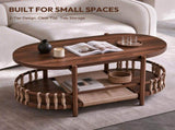 37.8" Oval Coffee Table with 2-Tier Rope Woven Storage Shelf, Melamine MDF Tabletop & Metal Frame, 01080088