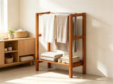 Natural Hardwood Towel Rack, Freestanding Blanket Stand with 3 Hanging Bars & Bottom Storage Shelf, 78960066