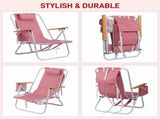 4-Position Backpack Beach Chair with Aluminum Frame, Wooden Armrests, Pillow and Pockets, Red Stripe 60874758