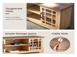 57.87 Inch TV Stand with Deep Brown Top & Natural Wood Cabinet - Double Glass Door Media Console, 81661813