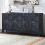 Carved Flower Door Handle, Antique Four Door Cabinet for Living Room Kitchen Hallway W1445P146387