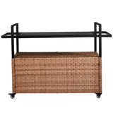 ZNTS Outdoor Bar Cart Table, Large Wicker Island Rolling Cart, Wheeled Buffet Serving Cart with Glass Top 04069114