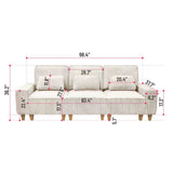 Beige Deep Seat 3-Seater Corduroy Sofa with Brushed Stainless Steel Cup Holders and 3 Decorative 56587155