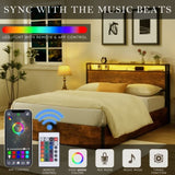 Lift-up Storage Bed Frame, Queen Size Bed Frame with Bookcase Headboard & LED Lights, Wooden W1916P184705