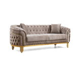 Vanessa Modern Style Button Tufted Sofa Made of Wood and Gold Coated Metal Legs in Taupe Color 698781110416