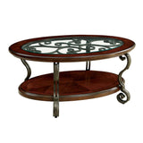 ZNTS Traditional Style Brown Cherry 1pc COFFEE TABLE Open Bottom Shelf Ornate Design Glass Top Living B011P203063