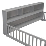 ZNTS Full Floor Bed with Side Bookcase,Shelves,Guardrails,Grey W504142774