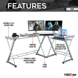 ZNTS L-Shaped Tempered Glass Top Computer Desk with Pull Out Keyboard Panel, Clear 70147724