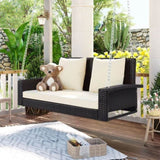 GO 2-Person Wicker Hanging Porch Swing with Chains, Cushion, Pillow, Rattan Swing Bench for Garden, WF285005AAD