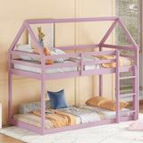 Twin over Twin Rubber Wood Floor Bunk Bed, with ladder,Guardrails,House-Shaped-Bunk Bed,Pink W504P206867
