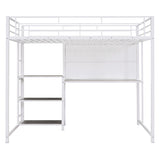 ZNTS Full Size Loft Bed with Desk and Whiteboard, Metal Loft Bed with 3 Shelves and Ladder, White 62617184