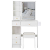 Small Size Left Drawer Desktop Vanity Table Cushioned Stool, 2 AC2 USB Power Station, Hair dryer W936P202461