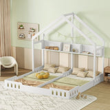 Wood Twin Size House Platform Beds,Two Shared Beds with Shelves and Guardrail, Creamy White WF310564AAA