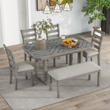 ZNTS 6-Piece Rubber Wood Dining Table Set with Beautiful Wood Grain Pattern Tabletop Solid Wood Veneer 14992936