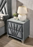 Fully Upholstered Frame 1pc Nightstand Gray Fabric Crystal-like Acrylic Knobs Glass Top Chrome Legs B011P321012