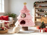 Pink Xmas Tree Themed Cat Tower, Multi-Layer Corner Cat Tree with 2 Deluxe Semi-Enclosed Condos, 58737760