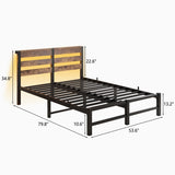 Full Size Metal Bed Frame with Wooden Headboard, RGB Lights, Charger, Storage Shelf, Noise-Free, No W840P209896