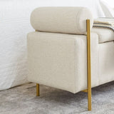 Elegant Upholstered Linen Storage Bench with Cylindrical Arms and Iron Legs for Hallway Living Room W487128011