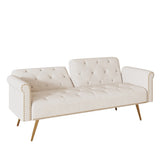 A 69.7-inch-long sofa bed covered in beige velvet fabric, featuring nail head trim and accompanied W3356P298442