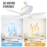 ZNTS 48 Inch Ceiling Fan with Dimmable LED Light and Remote Control, 5 ABS Blades DC Motor White W934P211116