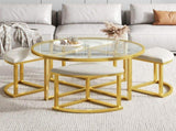 Modern Round Coffee Table Set with 4 Nesting Stools, Tempered Glass Top & Gold Metal Frame, Space N735P525144K