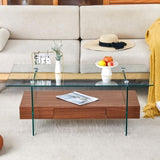 ZNTS 43.3 Inch Modern Two-Tier Coffee Table - Clear Tempered Glass and Dark Wood Grain, Multifunctional W1151P232626