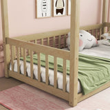 Twin Size Canopy Frame Floor Bed with Fence, Guardrails,Natural W504P143279