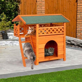 ZNTS 2-Story Wooden Feral Cat House Outdoor Indoor Kitty Houses with Door & Stairs & Weatherproof Roof, 60939221