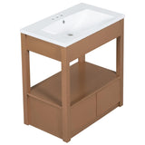 ZNTS 30" Bathroom Vanity with Sink Top, Bathroom Cabinet with Open Storage Shelf and Two Drawers, Brown 51882165